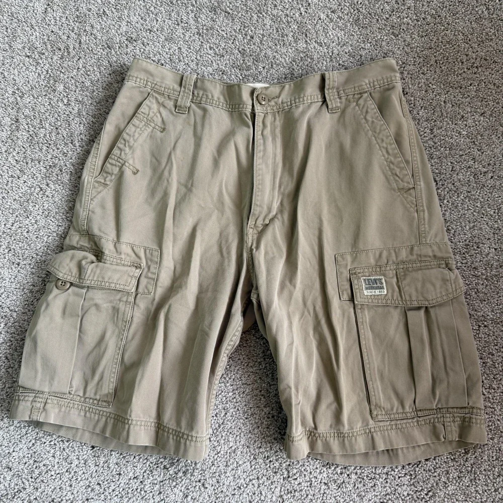 Y2K Levi's Cargo Shorts Mens 34 Beige Cotton Canvas Flat Front Workwear Casual